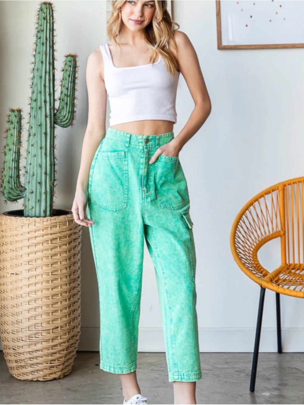 H006 New Oli & Hali L w15-21 Teal-Green Cargo Pants